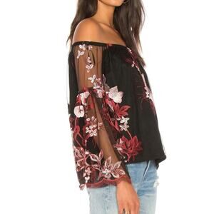 VaVa by Joy Han Embroidered Magnolias Mesh Off Shoulder Top